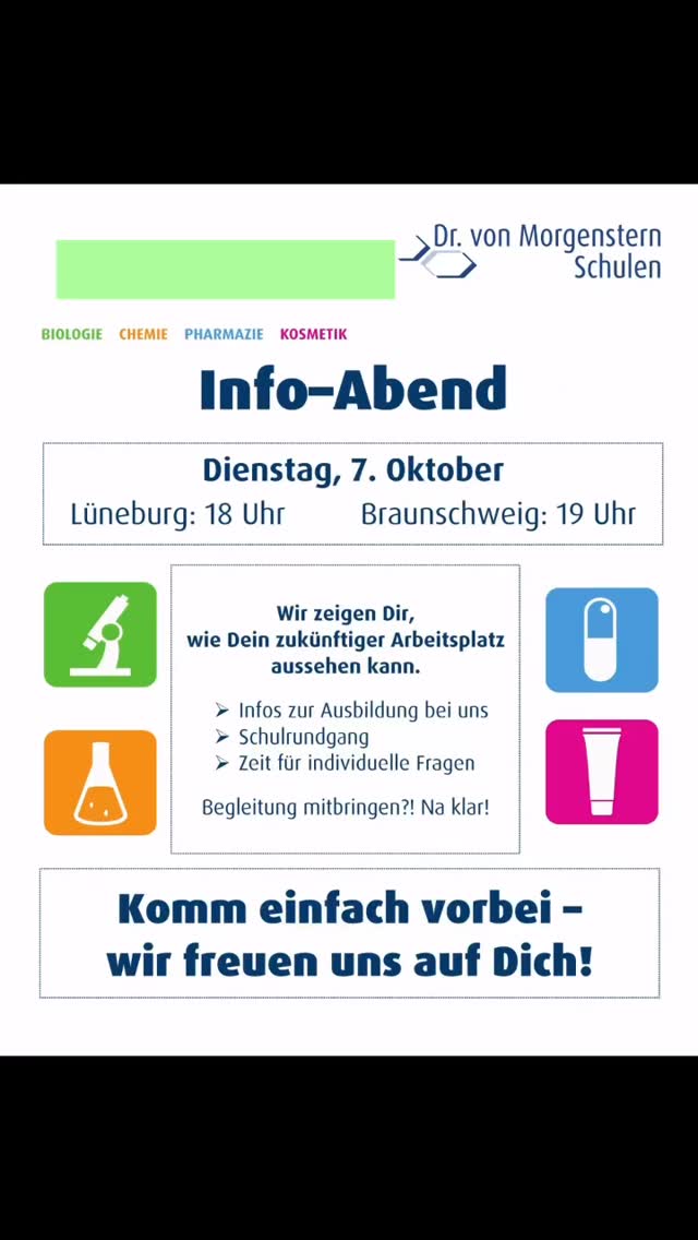 ++ #Infoabend am 7. Oktober in #Lüneburg und #Braunschweig ++ DIE top #Gelegenheit, um deine #Zukunft zu planen! 🚀

Denn - zack - ist Weihnachten und dann - zack - schon das neue Jahr und das startest du idealerweise mit einem super Plan für deine Zukunft. Und wir haben dafür #zukunftsorientierte und #zukunftsweisende #Ausbildungen für dich im #Programm. Check this out! 🔝

#cta #bta #pta #kosmetik #staatlichgeprüft #wirbildenaus #ausbildungmitzukunft #apotheke #gesundheit #labor #naturwissenschaften #umwelt #analytik #kosmetikinstitut