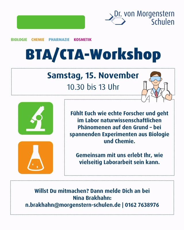 🧪 #BTA / #CTA #Workshop in #Braunschweig 🧪

Am Samstag, 15.11. von 10.30 - 13 Uhr!  Der perfekte #Forscher #Start in das Wochenende! Fix einen Platz sichern auf unserer Homepage unter Events oder WhatsApp schreiben und schon bist du dabei!🧑🏼‍🔬👩🏽‍🔬👨🏻‍🔬

#biologischtechnischeassistenten #chemischtechnischeassistenten #biologie #biowissenschaften #chemie #naturwissen #forschung #analytik #zukunft #umwelt #mintberufe #berufsorientierung #derbestemixauspraxisundtheorie #wirbildenaus #ausbildung #zukunftplanen #jetztausbildungsplatzsichern