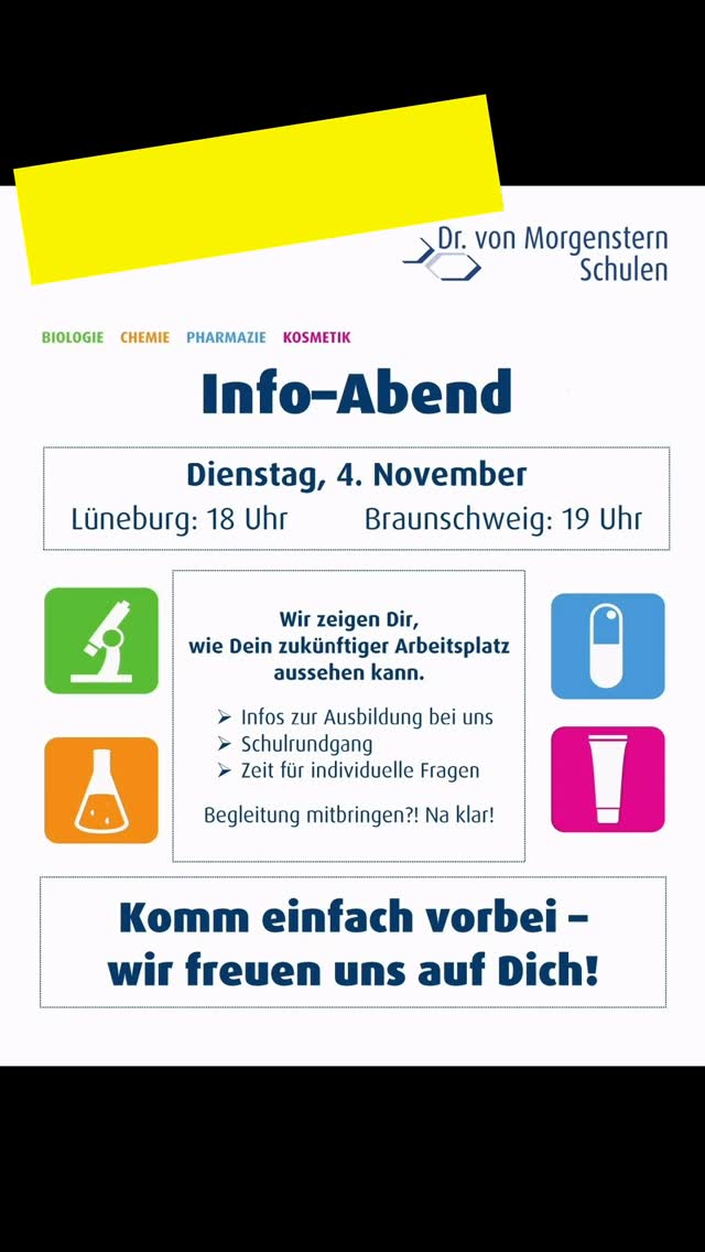 💡#Info-Abend💡in #Lüneburg und #Braunschweig💡am 4.11.!💡
Einfach vorbei kommen und erste wichtige Infos für deine Zukunft sammeln! ℹ️
Wir haben vier spannende #Ausbildungsberufe für dich im Angebot:
💊#PTA #pharmazeutischtechnischerassistent
🧴#KOS #Kosmetik #staatlichgeprüft
In Braunschweig und Lüneburg
🔬#BTA #biologischtechnischerassistent
🧪#CTA #chemischtechnischeassistenten
in Braunschweig.
#wirbildenaus #derbestemixauspraxisundtheorie #ausbildunguntereinemdach #fitfürdiezukunft #karrierechancen #apotheke #gesundheit #labor #forschung #umwelt #analytik #deinechance #dubistgefragt