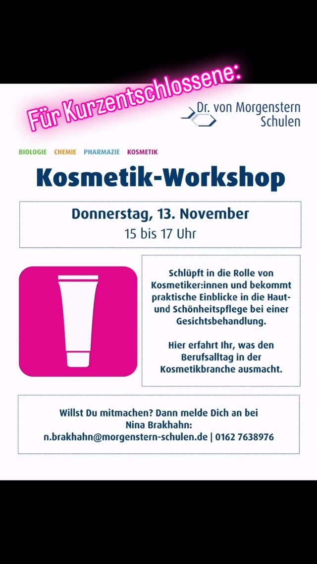 🧴#KOSMETIK -#WORKSHOP in #Braunschweig am 13.11.2025 von 15-17 Uhr🧴

Wir haben kurzfristig einen freien Platz, also fix WhatsApp schreiben oder über unsere #Homepage anmelden und schon bist du dabei! 

Auf dem Programm steht die professionelle #Gesichtpflege. 🤩

#kosmetikschule #staatlichgeprüft #beautyexperte #gesundheitsberufe #gesundehaut #kosmetikstudio #kosmetikinstitut #wirbildenaus #wellness