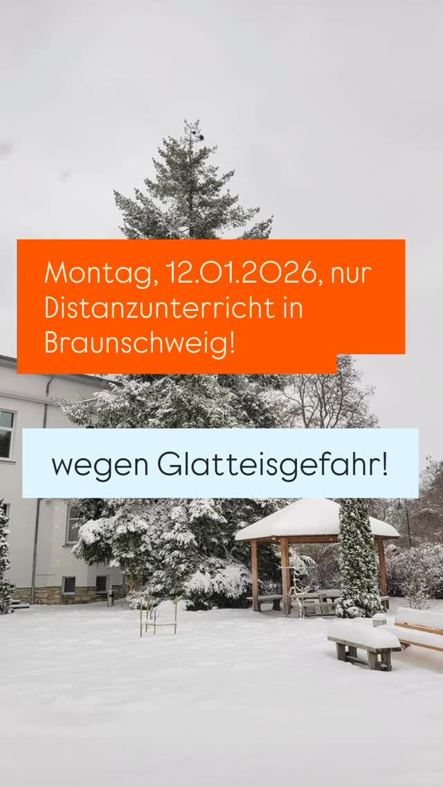Morgen, 12.1.2026, findet der Unterricht in Braunschweig nur online statt - nicht in Präsenz in der Schule wegen Glatteisgefahr! ⛸️❄️